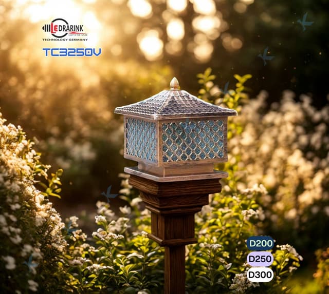 Đèn trụ cổng 3250V phi 200 Drarink vàng